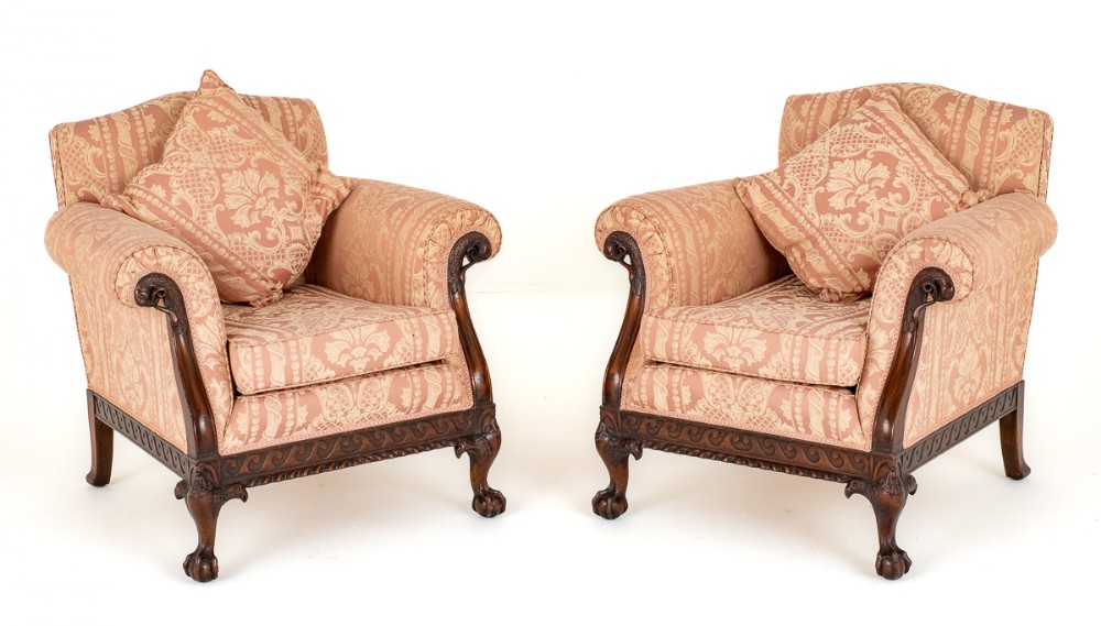 Impressive Pair of Mahogany Chippendale Revival Club Chairs