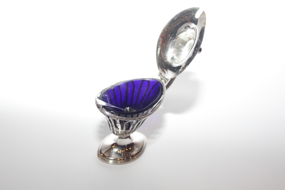A silver-plated mustard pot with a pedestalled base, looped handle, conical lid, and removable cobalt blue glass liner. View II