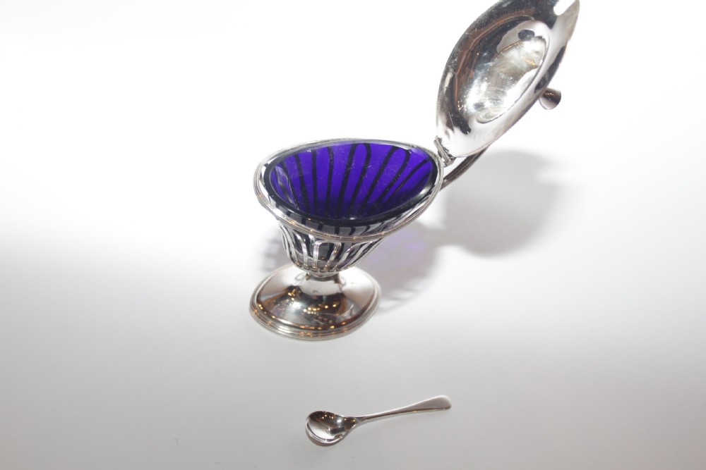 A silver-plated mustard pot with a pedestalled base, looped handle, conical lid, and removable cobalt blue glass liner. View III