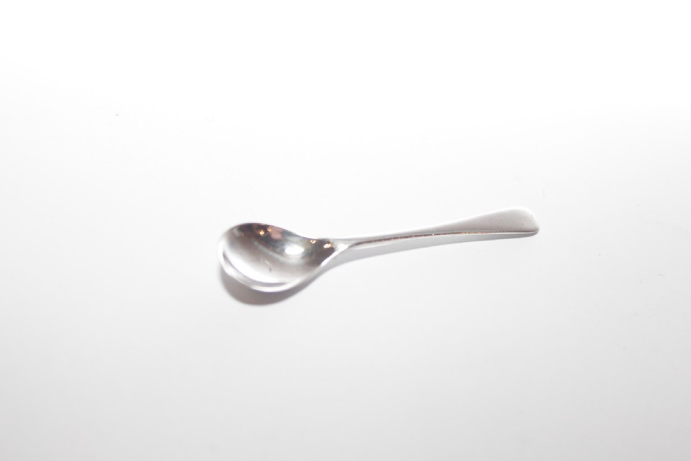 A silver-plated mustard pot with a pedestalled base, looped handle, conical lid, and removable cobalt blue glass liner. View V