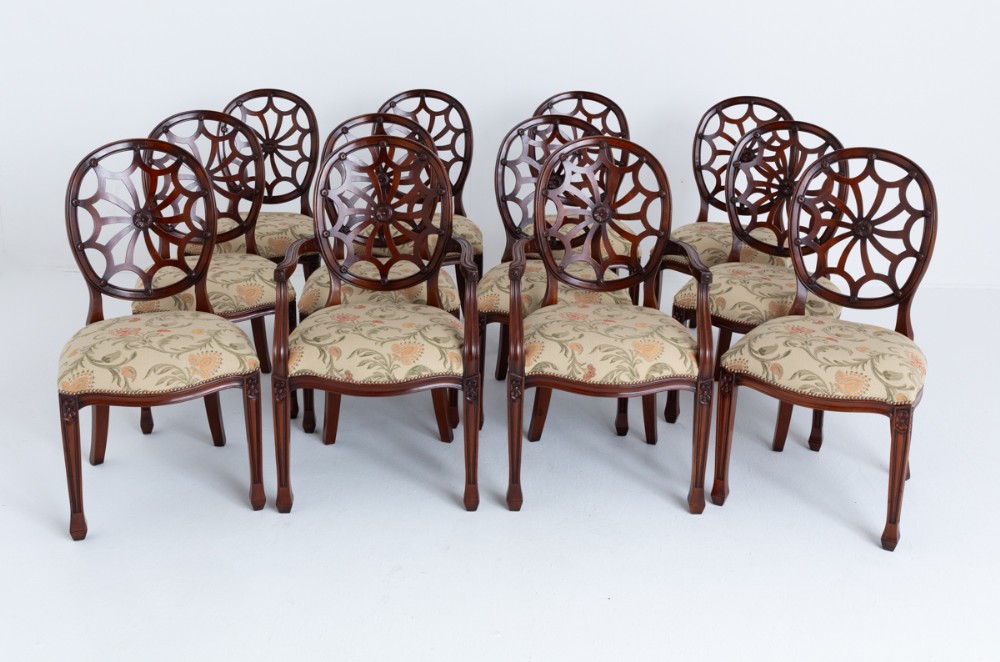 Fabulous Set of 12 (10 + 2) Mahogany Spider Web Back Dining Chairs