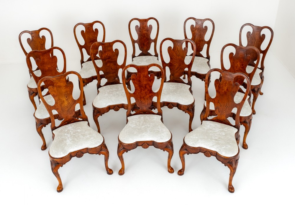 Set of 12 Queen Anne Style Elm Dining Chairs