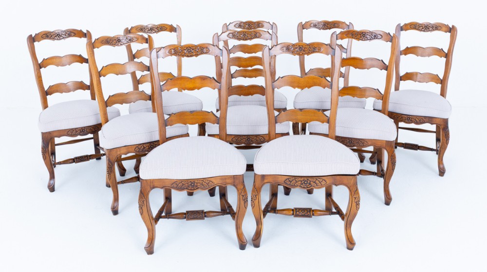Set of 10 French Oak Ladder Back Dining Chairs