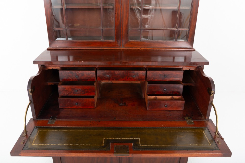 A William IV mahogany secretaire bookcase featuring an upper cabinet with astragal glazed doors, a pull-down secretaire drawer with brass lion mask handles, and a lower two-door cupboard. View IV