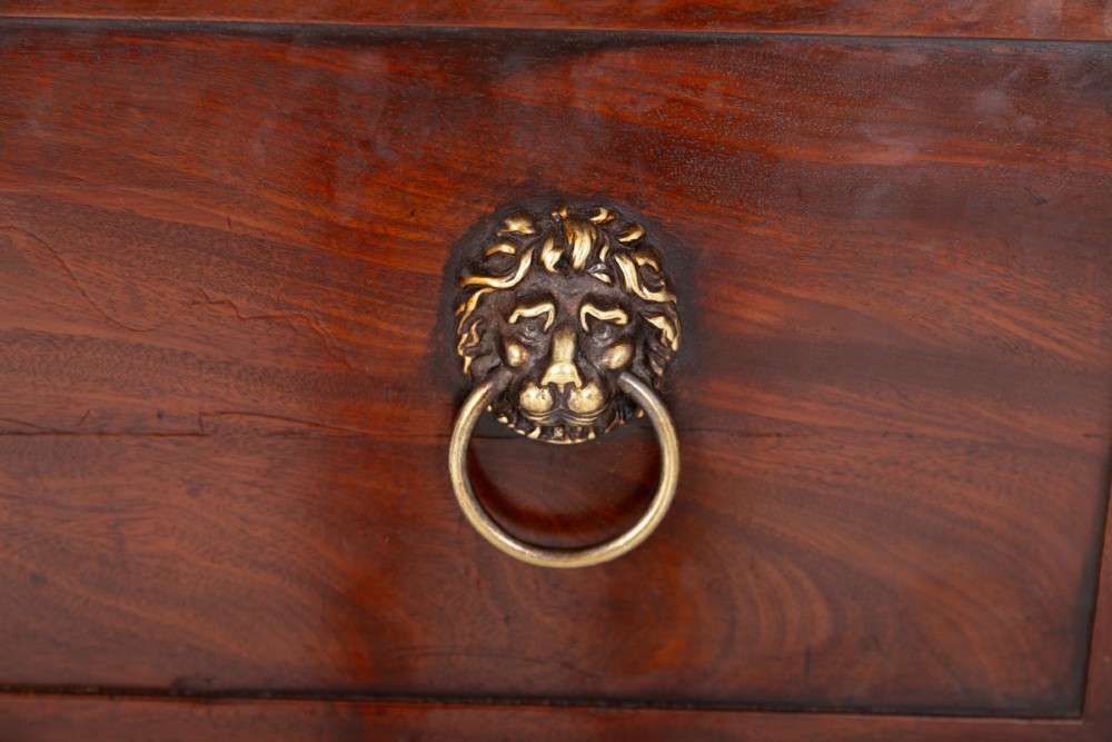 A William IV mahogany secretaire bookcase featuring an upper cabinet with astragal glazed doors, a pull-down secretaire drawer with brass lion mask handles, and a lower two-door cupboard. View VII
