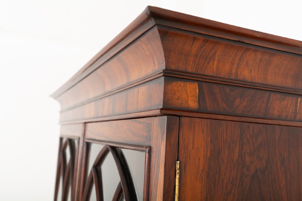 A William IV rosewood glazed bookcase featuring Gothic arched glazing bars on the upper double doors above a two-door solid cabinet base. View V