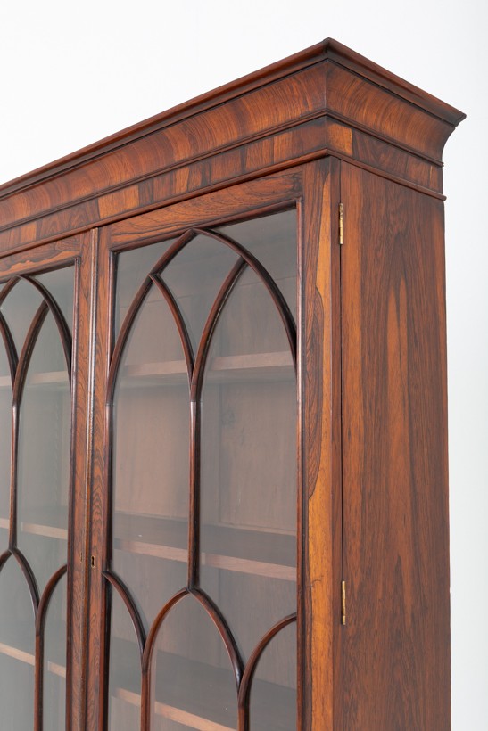 A William IV rosewood glazed bookcase featuring Gothic arched glazing bars on the upper double doors above a two-door solid cabinet base. View IX