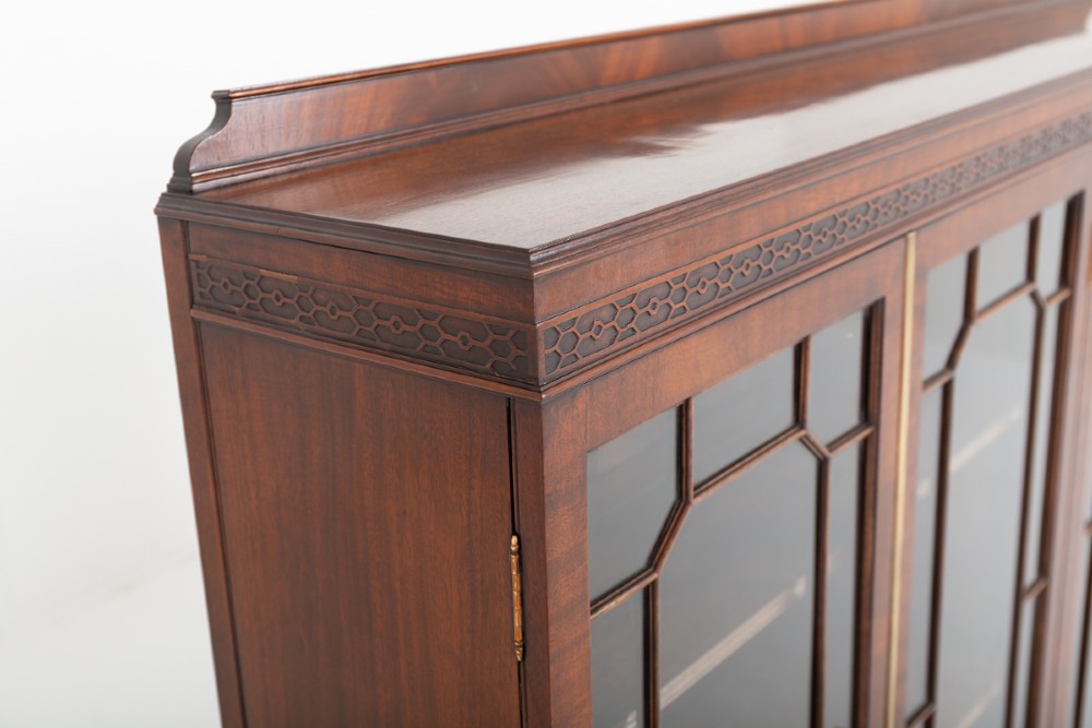 A low mahogany four-door side cabinet featuring geometric astragal glazed glass panels and carved claw and ball feet. View IV