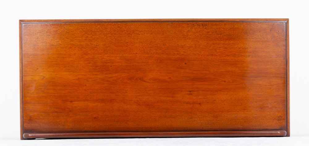 A Victorian mahogany side cabinet featuring two top drawers with brass drop handles above two panelled cupboard doors and a low top gallery. View X