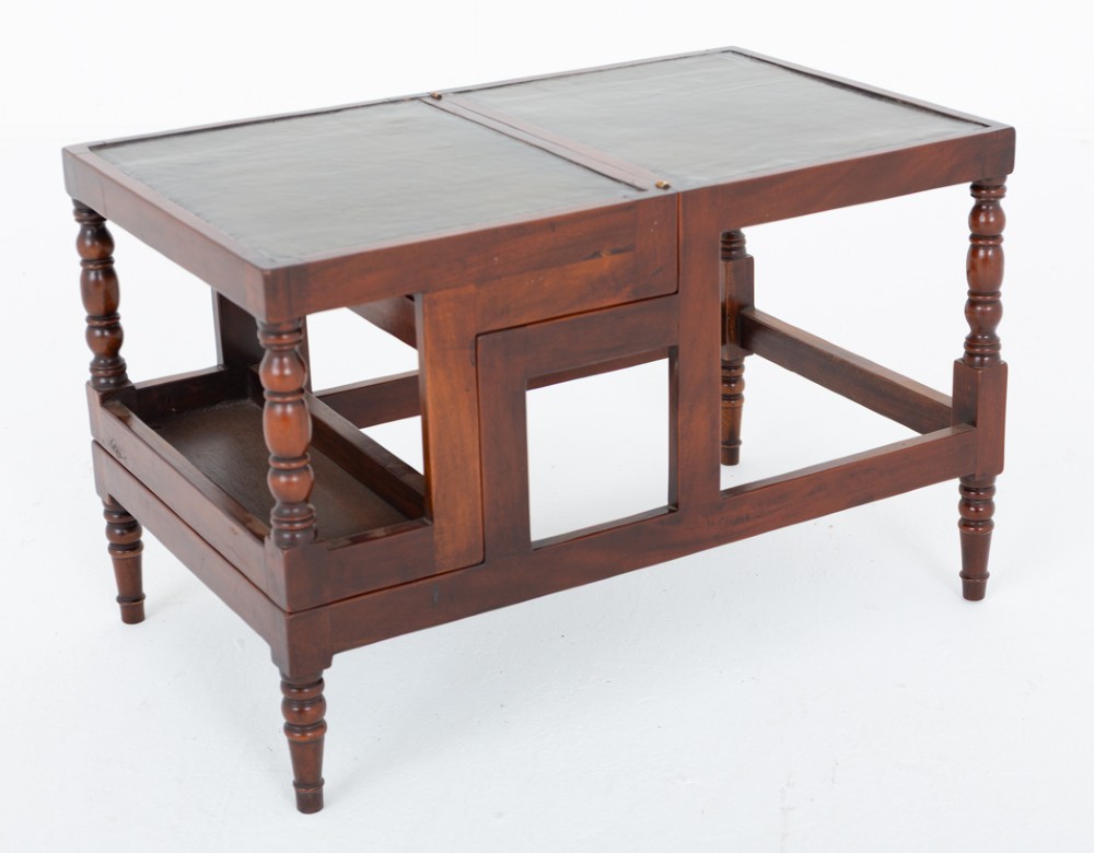 A four-tier mahogany library step structure featuring dark leather-lined treads and turned wooden spindle legs. View IV