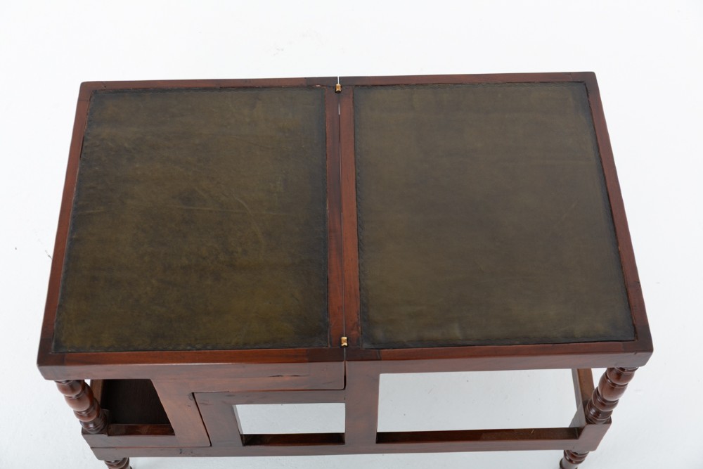 A four-tier mahogany library step structure featuring dark leather-lined treads and turned wooden spindle legs. View V