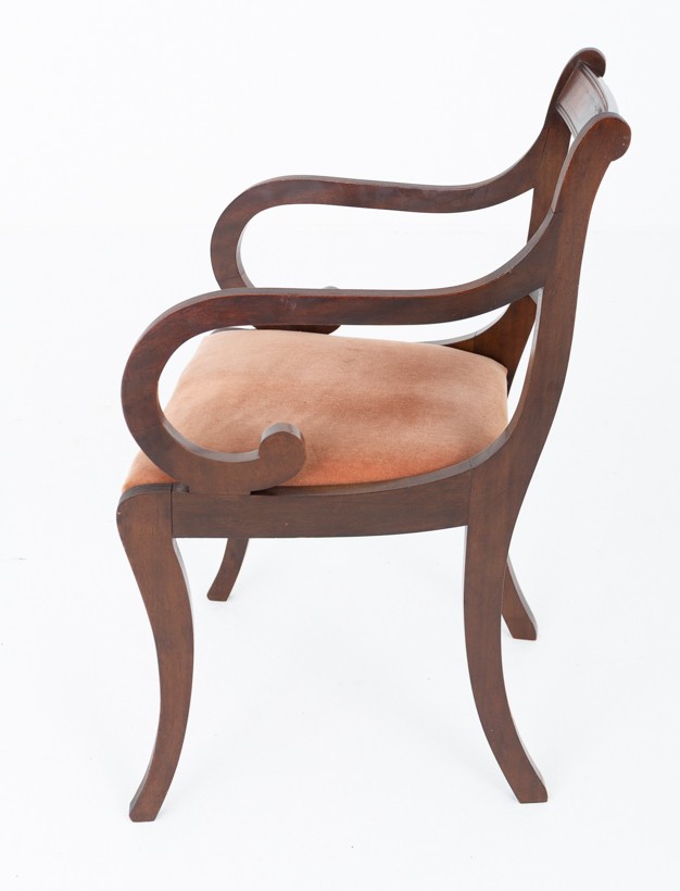 A set of ten mahogany Regency style dining chairs featuring carved lyre back splats, curved armrests on two carvers, and rust-coloured upholstered seats. View VI