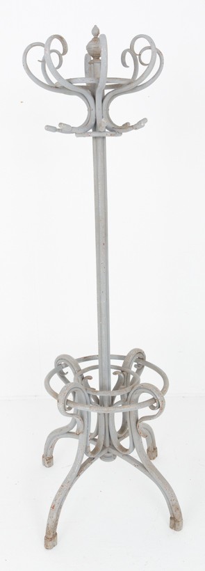 A tall grey painted bentwood hallstand featuring upper scrolled hooks, a central turned finial, and an integrated lower umbrella ring base.