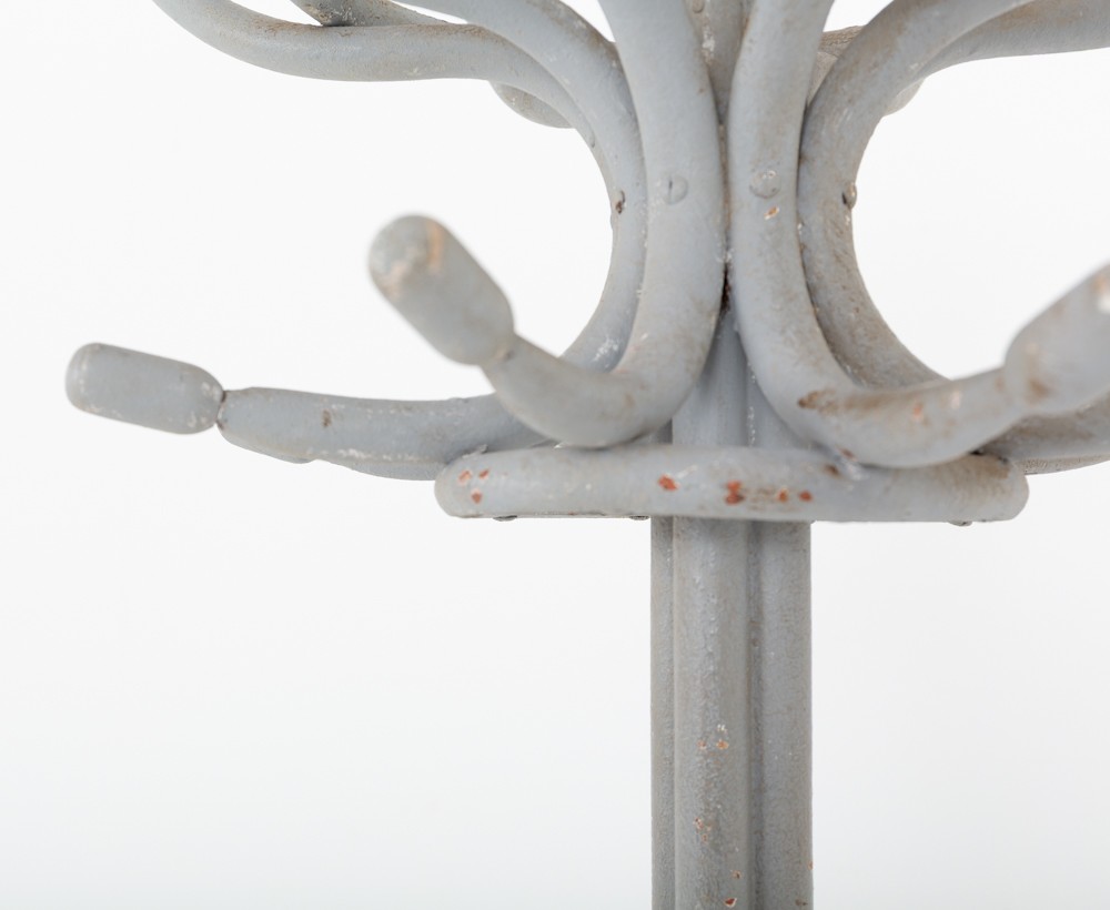 A tall grey painted bentwood hallstand featuring upper scrolled hooks, a central turned finial, and an integrated lower umbrella ring base. View II