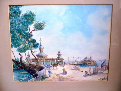 G Rudkin, Water Colour of Old Bournmouth Pier