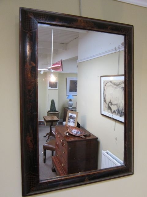 A 19thc. Black Lacquer Framed Mirror