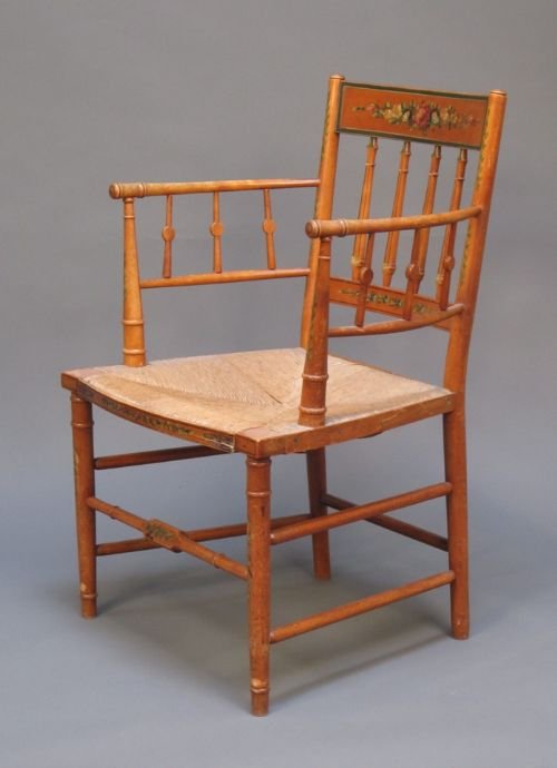 19thc Painted Rush Seated Arm Chair