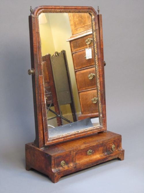 18thc Walnut Box Mirror with Three Drawers, Swing Mirror on Bracket Feet.