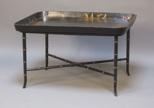 An Early 20thc Black Lacquered Tray on Stand.