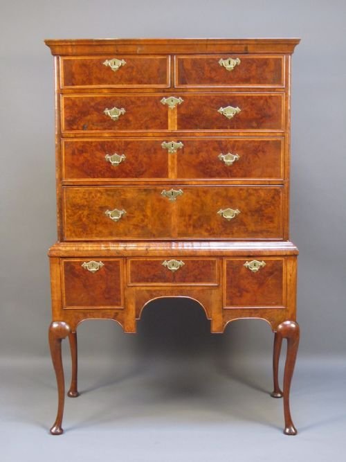 An 18thc Burr Yew and Walnut Chest on Stand. Tallboy