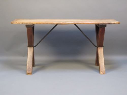 19thc Elm Tavern Table on X Frame and Wrought Iron Stretchers