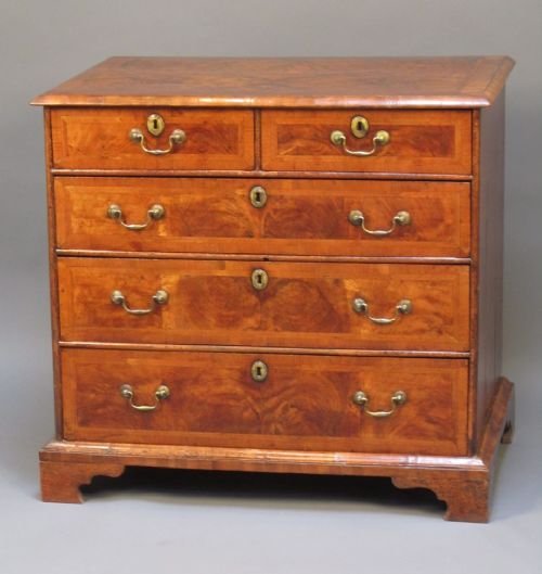 18th C. Walnut Chest of Drawers with Book Matched & Cross Banded
