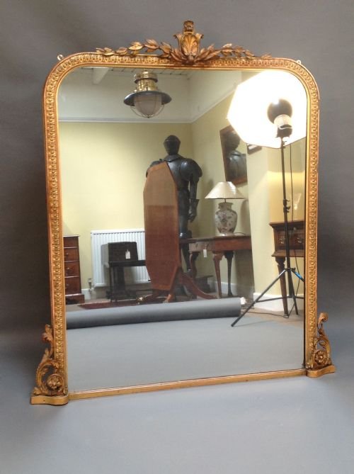 Late 19thc Large Gilded Over Mantle Mirror with Carved Cresting & Brackets