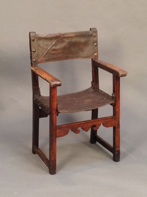 18thc. Walnut Italian Leather Strap Back & Seat Armchair.