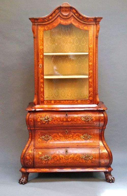 An 18thc. Walnut & Inlaid Dutch Bombe Commode Cabinet