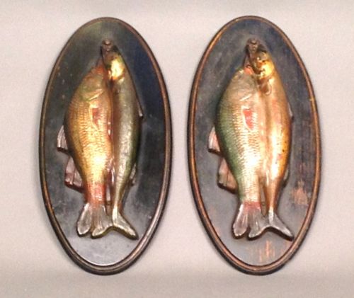 Pair of Late 19thc. Glass Fish on Oval Wooden Plaques.