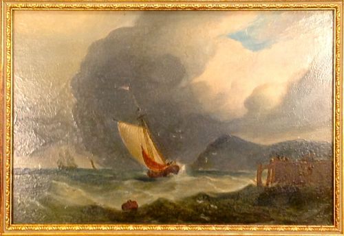 19thc. Oil on Board of  a Sail Boat Coming Into Port