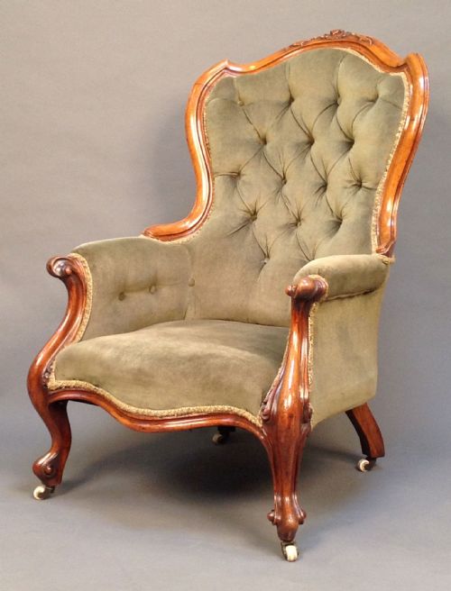 19thc. Walnut Button Back Show Wood Open Armchair