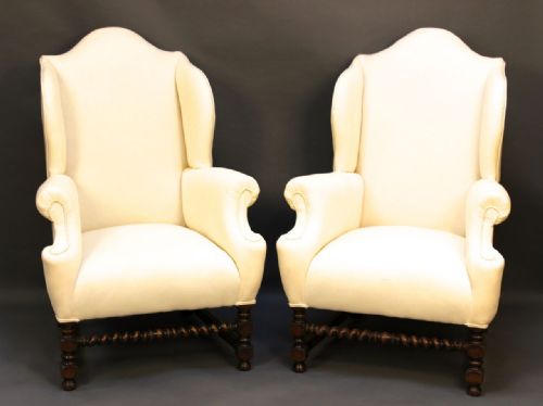 Pair of Late 19th C Oak Wing Armchairs