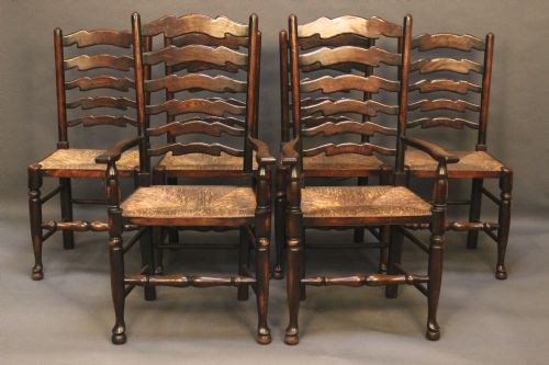 Set of Six 19thc Ladder Back Rush Seated Dinning Chairs
