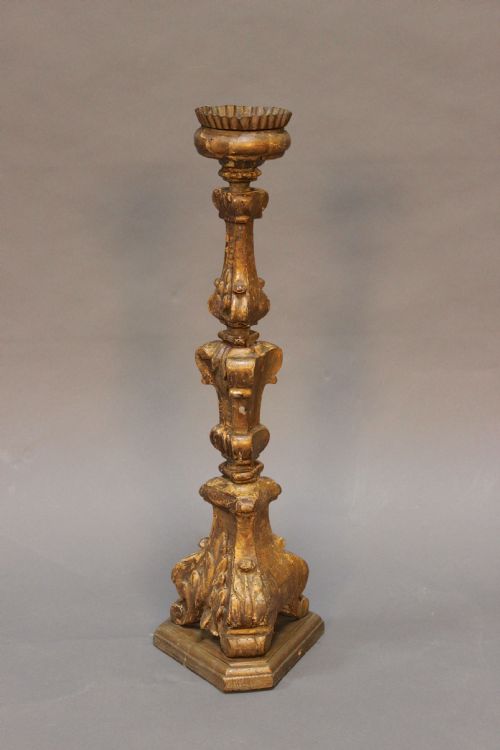 A Very Large Carved Wooden Candlestick 
On a Triangular Base