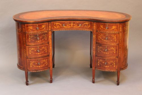 Late 19thc. Mahogany Inlaid Kidney Shaped Des