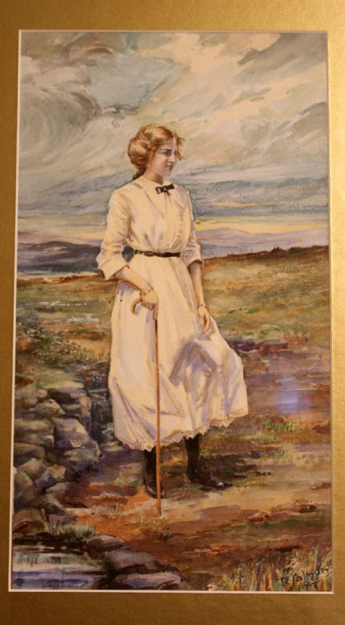 Watercolour of Girl with 
Walking Stick by R. Salmon