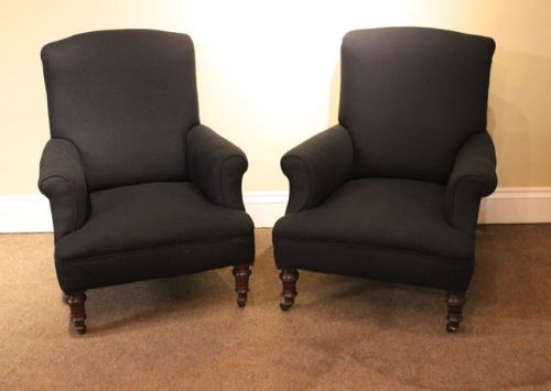A Pair of Late 19thc. Black Upholstered Armchairs