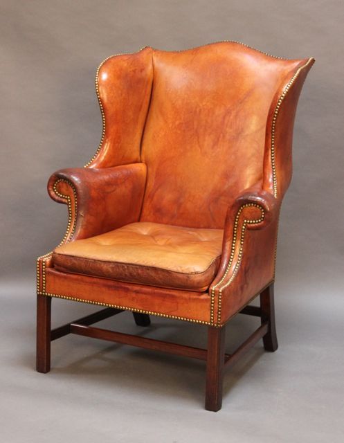 19thc. Leather Wing Armchair in Lovely Tan Hide with Brass Studs