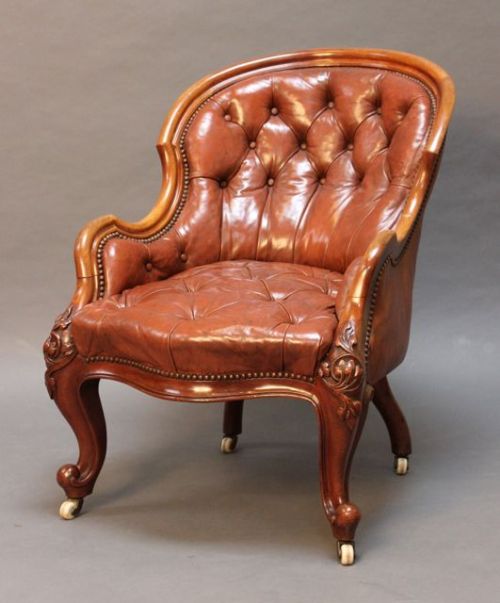 19thc Walnut Leather Button Back Chair