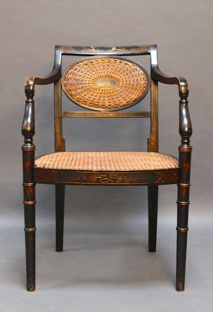 19thc Black Lacquered Caned Chair