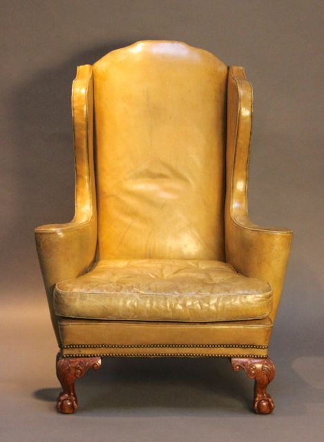 19thc. Walnut Leather Wing Armchair