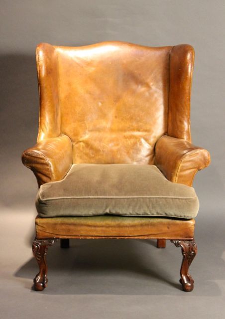 19thc. Walnut Leather Wing Armchair