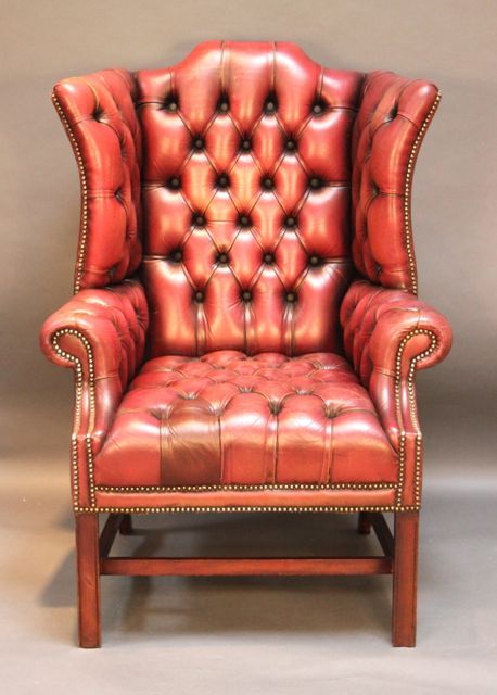 Early 20thc. Red Leather Buttoned Wing Armchair