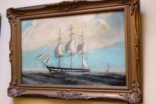 19thc Marine Oil Painting on Canvas of British Ship
