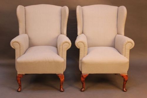 Pair of 19thc. Walnut Upholstered Wing Armchairs