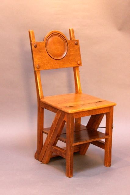 19thc Metamorphic Oak Library Steps &|Chair