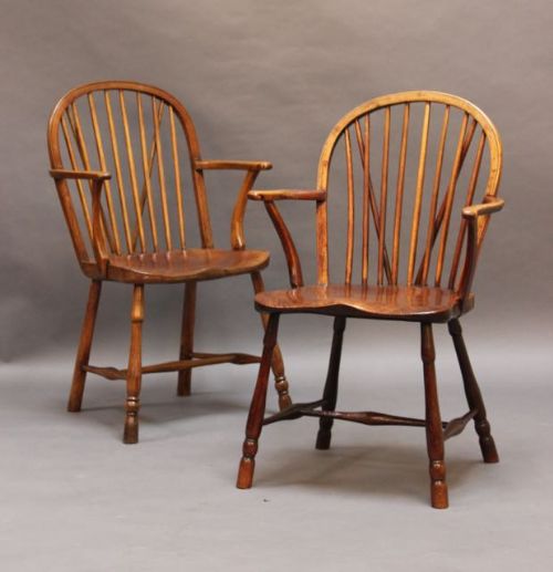 Pair of 19thc. Elm & Ash Country Armchair/windsor Chairs