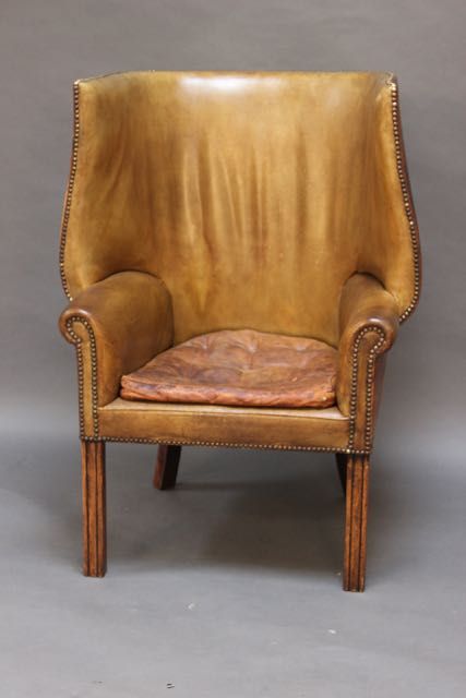 19thc. Green Leather Wing Armchair
