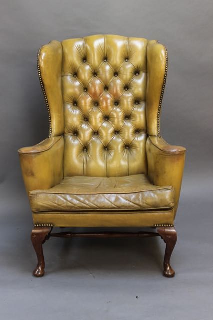 Edwardian. Mahogany Green Leather Upholstered Armchair
